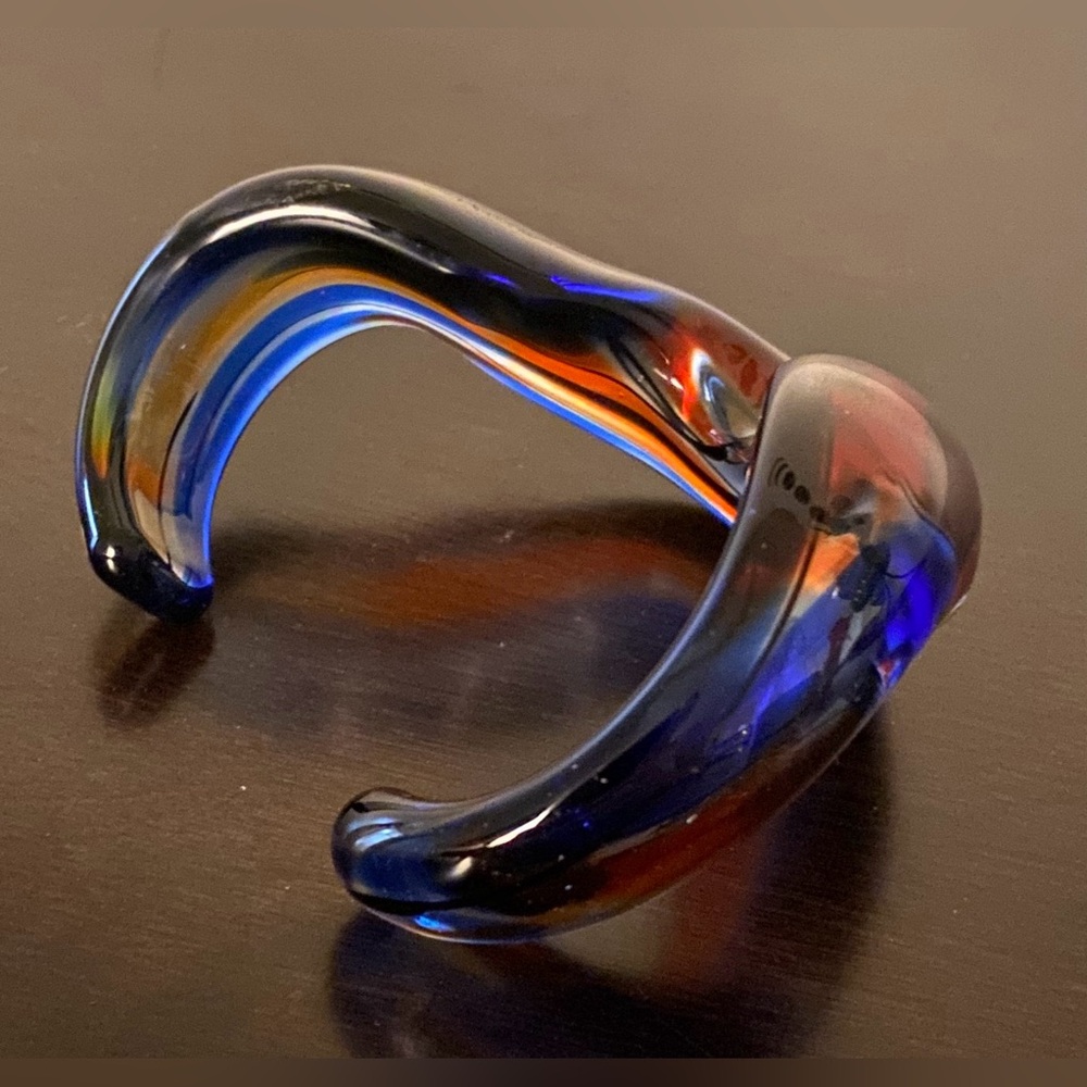 Artisan Blown Glass Cuff Bracelet Blue Red Handcrafted Statement Open Bangle - Picture 4 of 5